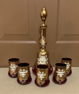 Murano Decanter & 5 Glass - 24K Gold - Enamel Flowers - Cranberry Signed 1960s - Picture 1 of 10