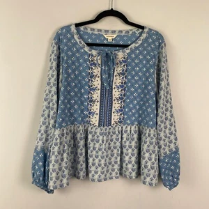 Lucky Brand Floral Boho Popover Blouse Size XL Blue Balloon Sleeves Cotton - Picture 1 of 10