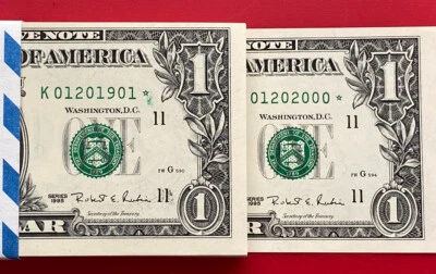 1995 NOTA ESTRELA US$ 1 dólar nota de aniversário 20/01/1901-2000 (DALLAS) não circulada - Imagem 1 de 2
