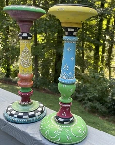 Hand Painted Vintage Wooden Set Of 2 12” Candle Holders With Metal Cups - Picture 1 of 14