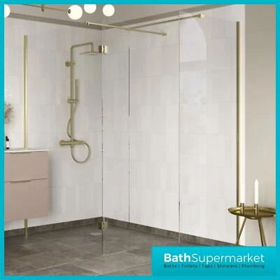 BATH SUPERMARKET Wet Room Shower Enclosure Brushed Brass Effect 8mm Glass Screen & Flipper Panel
