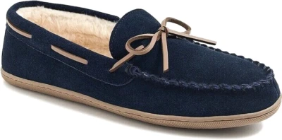 全新 J. Crew H1299 麂皮绒人造羊毛海军蓝莫卡辛拖鞋男式 13 码 — 第 1/4 张图片