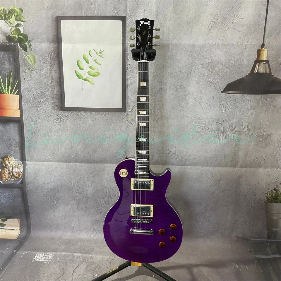 LP Purple Electric Guitar HH Pickups Chrome Parts Quilty Maple Top Mahogany Body - Image 1 of 4