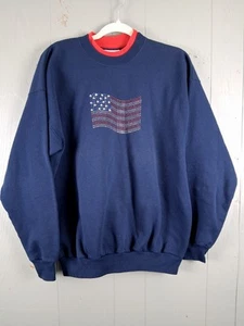 Vintage Americana Sweatshirt Womens Large Blue beaded USA Flag Granny 80s Casual - Picture 1 of 7