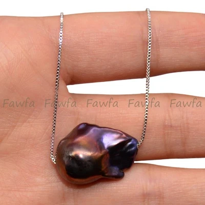 天然光泽黑色 Reborn Keshi 巴洛克珍珠吊坠漂浮项链 18 英寸 — 第 1/4 张图片