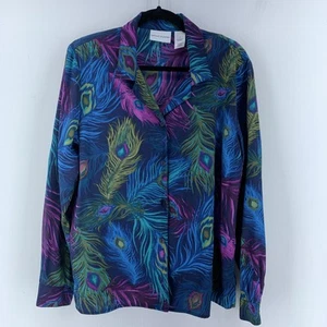 Vtg Alfred Dunner Women 14 Button Up Tunic Top Funky Artsy Colorful Peacock Boho - Picture 1 of 6