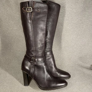 J CREW Gr. 7 braune hohe Lederstiefel Harness Gürtel hoher Absatz Espresso ITALIEN - Bild 1 von 16
