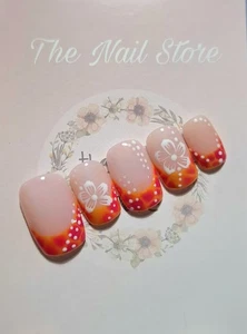 Orange Pink Hibiscus French Tip Nails / Hibiscus Nails / Summer Nails / - Picture 1 of 4