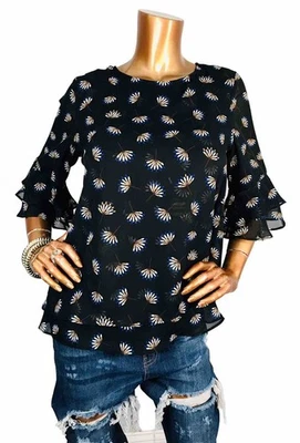 Blusa Anne Klein M Top Estampados Florales Forrada Mangas Campana 3/4 Capas Espalda Dividida Foto 1 de 4