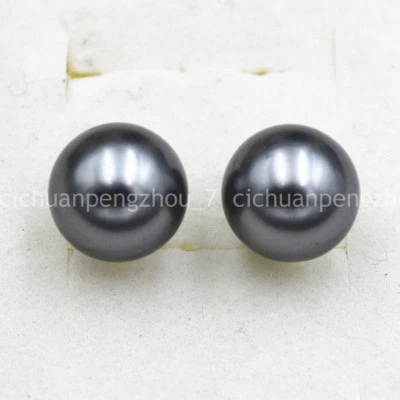 12mm Round Dark Gray South Sea Shell Pearl Imitation Pearl Silver Stud Earrings - Image 1 of 4