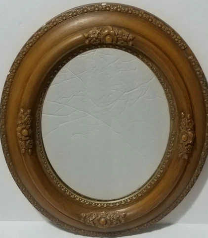 Vintage oval mirror-chalkware over wood-Medium-14.5 x 12.5-w/hangar wire-floral Cover