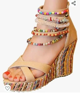 Women's Wedge Decorated Ankle Cuffed Sandals Platform Sandals High Heels - Picture 1 of 5