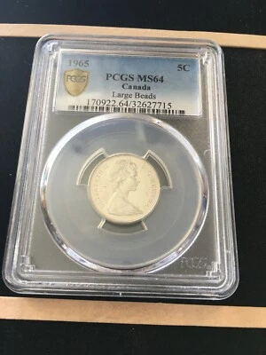 1965 Large Bead (DJ)**,PCGS Graded Canadian,  Nickel 5 Cent, **MS-64** #7715 - Image 1 of 4