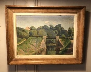 Antique French Art Deco Oil Painting Landscape Bridge in Countryside Signed Rare - Picture 1 of 7