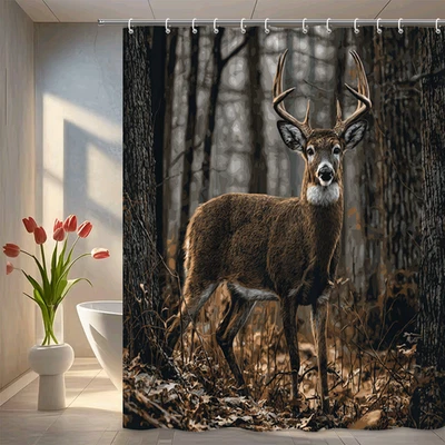 Cortina de ducha rústica de ciervos realistas en el bosque naturaleza vida silvestre bosque marrón Foto 1 de 4