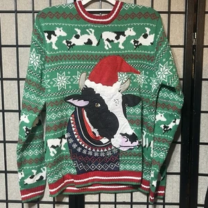 Maglione Blizzard Bay Ugly Christmas Uomo M Verde Babbo Natale Mucca Fair Isle - Foto 1 di 4