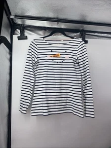 Boden Womens Size 4 US LS Striped Christmas Snowman Tee Shirt White Blue Sequin - Picture 1 of 7