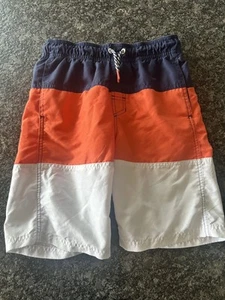 Cat & Jack Boys Large 12/14 Swim Shorts Striped Lined Orange Blue Elastic Trunks - Picture 1 of 5