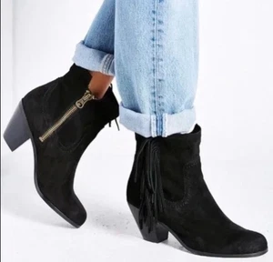 Sam Edelman Louie 7.5 M Botines Negro Gamuza Flecos Western Botines Vaquera - Imagen 1 de 17