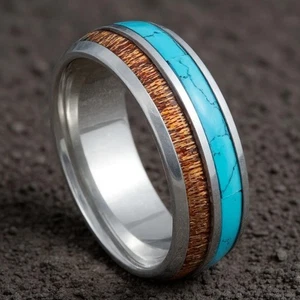Silver Tungsten Ring w/ Wood & Turquoise Inlay Men's Wedding Band Men's Ring 8mm - Picture 1 of 3