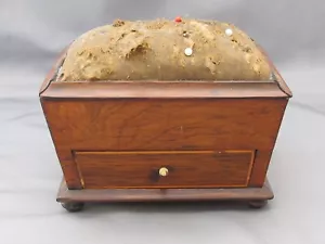 Antique FEDERAL/EMPIRE Rosewood Veneer Casket Form SEWING BOX-Pincushion Top - Picture 1 of 11