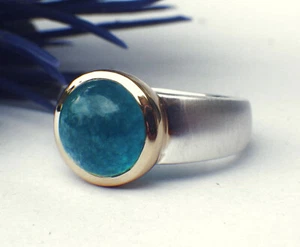 SCHMUCK-STCK RING SILBER Apatit NEU 56 18 Cabochon rund 56 18 vergoldet mattiert - Picture 1 of 5