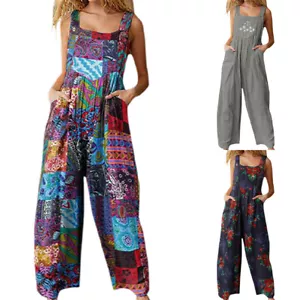 Womens Floral Boho Overall Summer Holiday Baggy Romper Dungarees Casual Jumpsuit - Picture 1 of 15