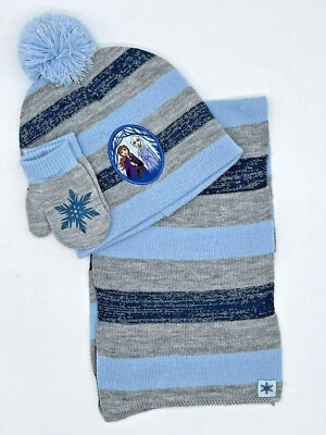 Disney Frozen Elsa Niñas Azul Rayas Bufanda Sombrero y Mitones Gorro Conjunto NUEVO CON ETIQUETAS AB10 Foto 1 de 4