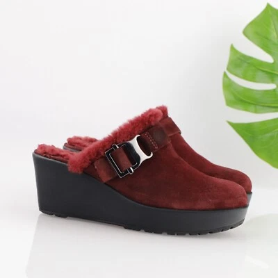 Zueco Via Spiga Mujer Mula Talla 9.5 Borgoña Rojo Gamuza Sherpa Tacón Cuña Y2K Años 90 Foto 1 de 4