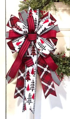 10 " BUFFALO CHECK PLAID TREES, WIRED BOW for DOOR WREATH SWAG MAIL # 161 rb - Image 1 of 4