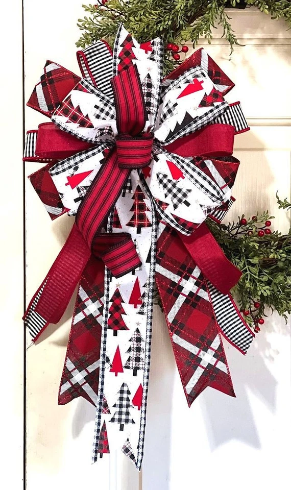 10 " BUFFALO CHECK PLAID TREES, WIRED BOW for DOOR WREATH SWAG MAIL # 161 rb - Image 1 of 4