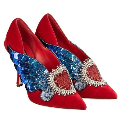 DOLCE & GABBANA Velvet Pumps LORI Sacred Heart Wings Embroidery Red Blue 09034 - Image 1 of 4