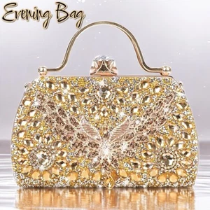 Multifaceted Gold Crystal/Rhinestone Evening Bag-Handles/Removable Chain Strap - Picture 1 of 17