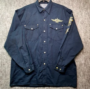Camisa de mezclilla Get Used by Elie para hombre manga larga XL piloto vuelo ejército bordado dorado - Imagen 1 de 14