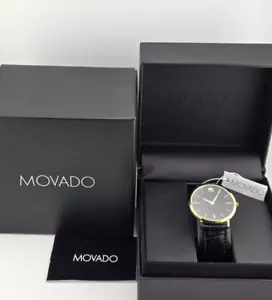 Movado Men's Ultra Slim Gold Accent Leather Strap Watch - 0607173 ($795 MSRP) - Picture 1 of 4