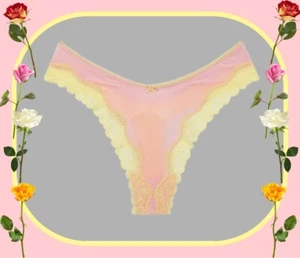 TEASE Victoria's Secret High-Leg-Tanga Höschen M hellrosa Satin mit NEON Zitrone Spitze - Bild 1 von 14