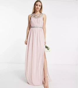 Maxi abito da damigella d'onore senza maniche TFNC Premium impreziosito schiena rosa pallido UK 16 - Foto 1 di 13