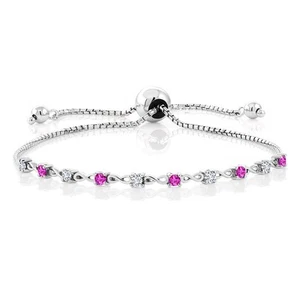0.58 Ct Round E-F Lab Grown Diamond Pink Sapphire 925 Sterling Silver Bracelet - Picture 1 of 3