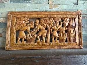 Vintage Large Tribal Primitive Wood Carving Wall Plaque - Harvest Gathering Food - Picture 1 of 4
