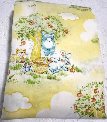 Vintage Fitted Crib Sheet Yellow with Animals and Outdoor Scenes Elastic Corners - Image 1 of 4