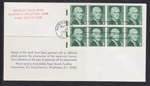 US Sc 1278a on 1971 FDC, 1c Jefferson Booklet Pane, Experimental Gum, electric  - Picture 1 of 1