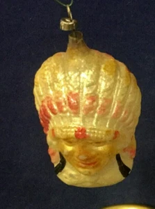 1920's Authentic Antique German Indian Chief Head w/Headress Glass Ornament 3" - Picture 1 of 7