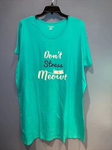 Dreams & Co Plus Size 1X 2X Nightgown Teal “Don't Stress Meowt” Cats Night Shirt - Picture 1 of 3