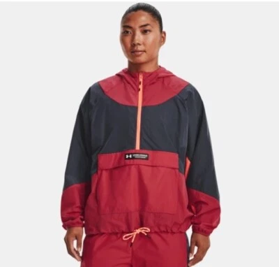 UNDER ARMOUR Rush Anorak Woven 1/2 Zip Hooded Jacket Red Women’s Sz M *NEW* $140 - Image 1 of 4