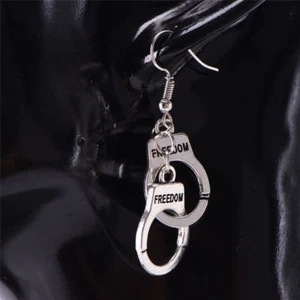 Freedom Handcuff Dangle Earrings Pair Partners in Crime Jewelry Tibetan Silver - Picture 1 of 8