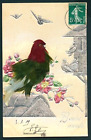German 1910 Novelty Hand Made Collage Bird Real Feathers Embossed Postcard