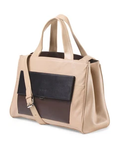 Borsa tote Perlina beige nera marrone colorblock pelle Audrey East West nuova con etichetta - Foto 1 di 4