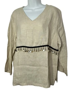 Hot Cotton Top Women's Large Beige V-neck Linen Embellished Long Sleeve Boxy - Picture 1 of 18