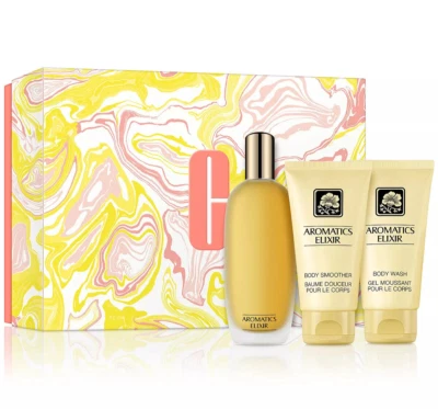 CLINIQUE АРОМАТИКИ ЭЛИКСИР 3ШТ НАБОР 3,4 СПРЕЙ + 2,5 КРЕМ ДЛЯ ТЕЛА + 2,5 ТЕЛА МЫТЬ НОВЫЙ В КОРОБКЕ - Изображение 1 из 3