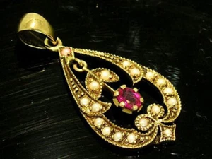 CP290 Genuine 9K or 18K Gold Natural Ruby & Pearl Drop Pendant Vintage style - Picture 1 of 3